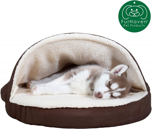 FurHaven dog bed — round and comfortable kennel for dogs and cats — available in a variety of colors and styles Faux Sheepskin Espresso 26 inches